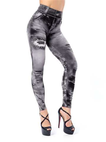 Distressed Denim-Print High-Waisted Stretchy Yoga Leggings-Black