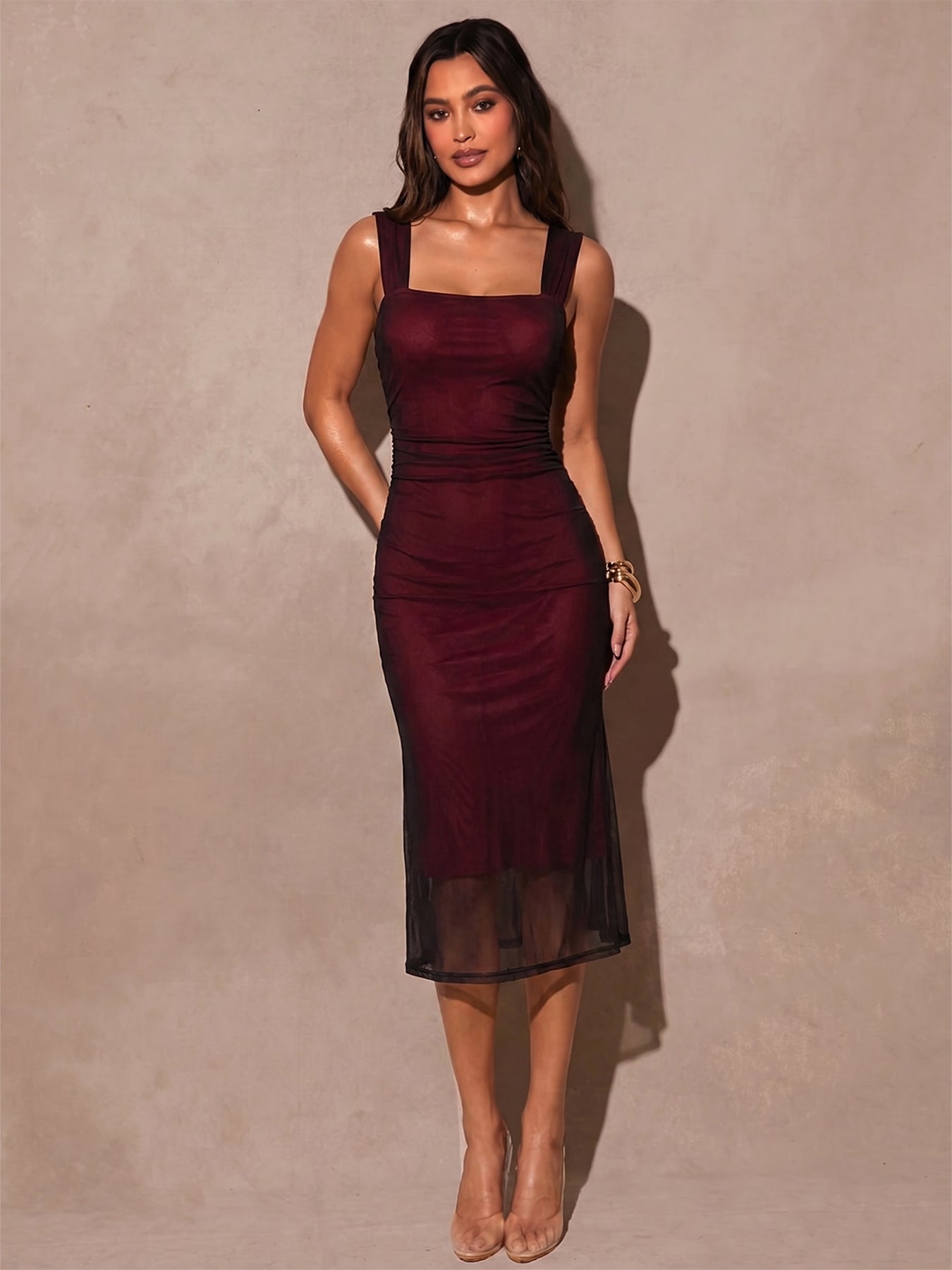 Ruched Mesh Bodycon Midi Dress