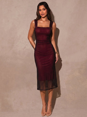 Ruched Mesh Bodycon Midi Dress