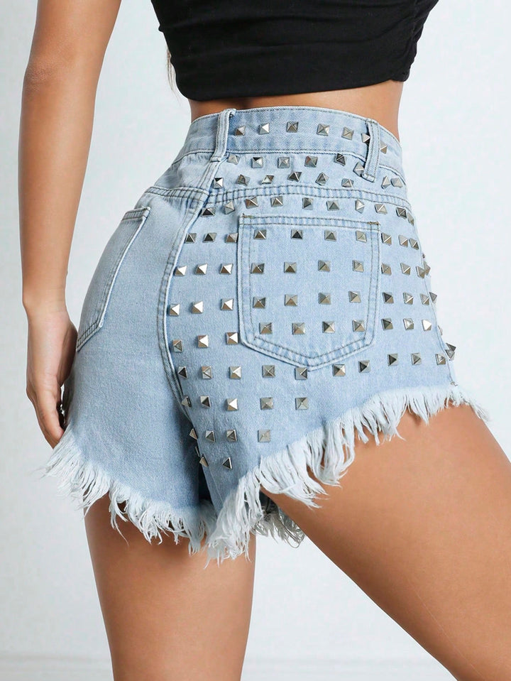 Studded Distressed Frayed Hem Denim Shorts