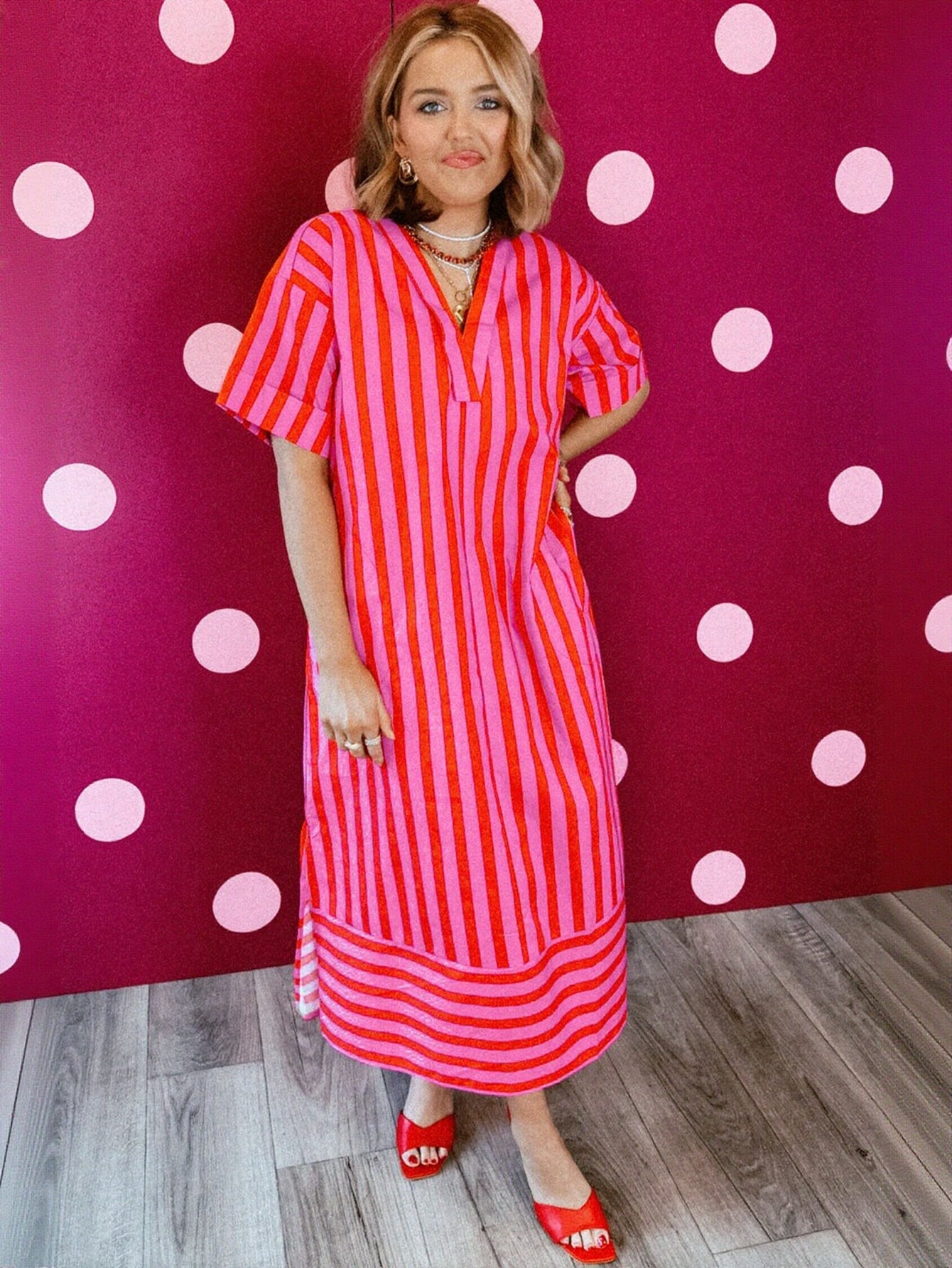 Vibrant Striped V Neck Midi Dress