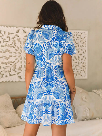 Printed Short Sleeve Button Mini Dress