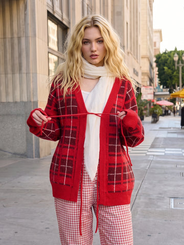 Cozy Plaid Knit Tie Cardigan