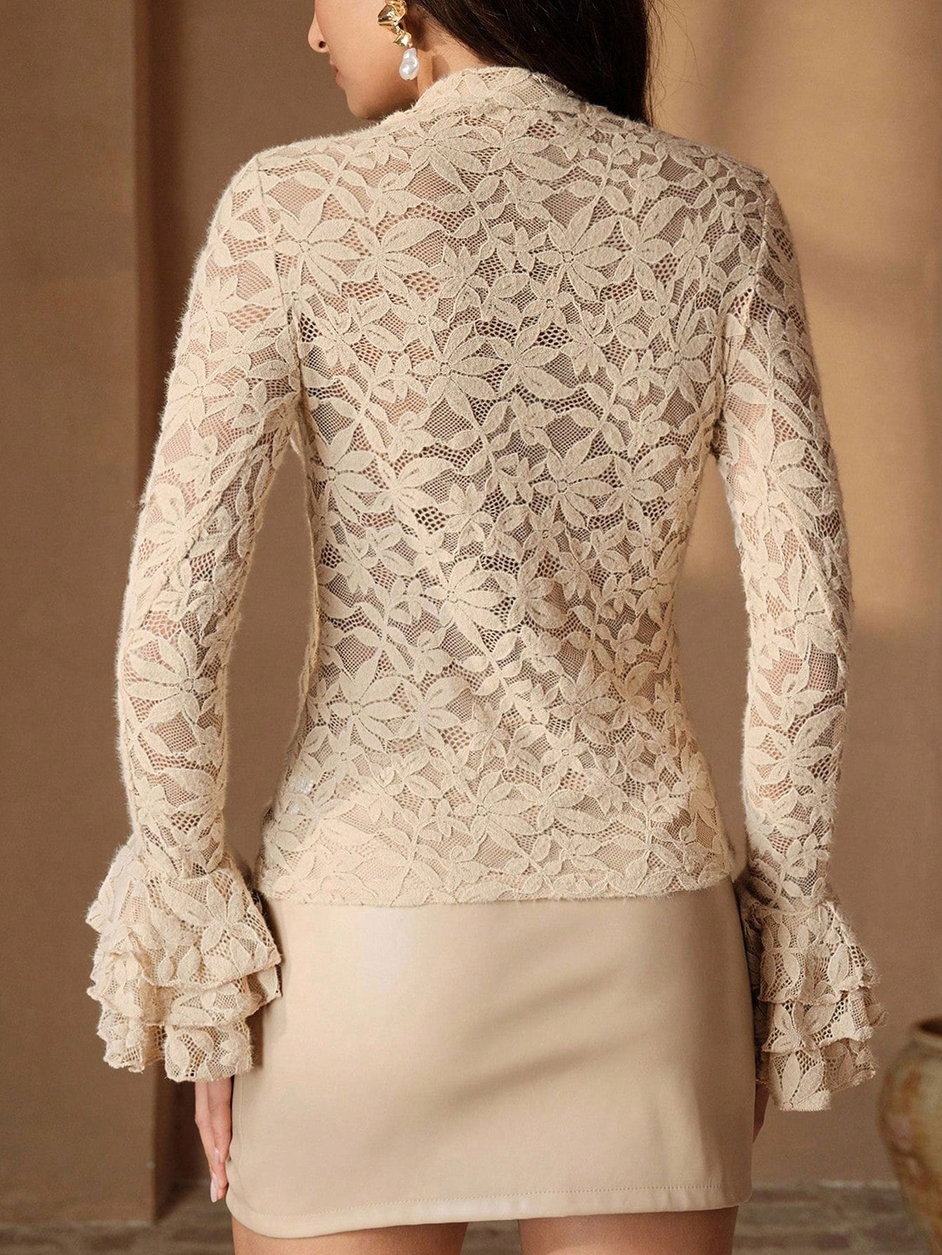 Elegant Sheer Lace Mock Neck Top