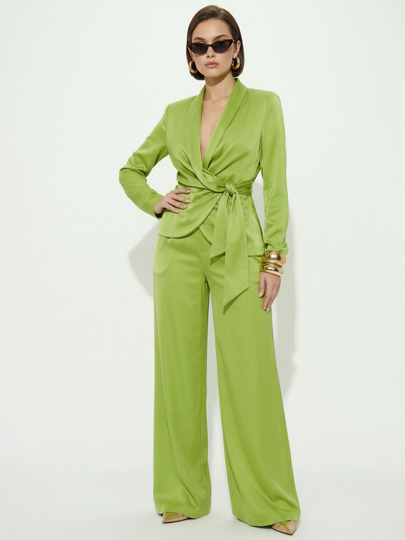 Tie Front Wide Leg Elegant Pant Set