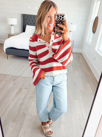 Striped Button Placket Knit Sweater
