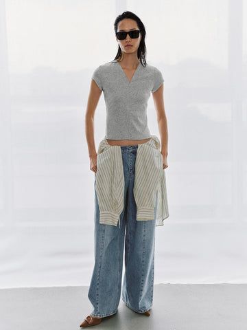 Urban Revivo Drawstring Seamed Straight Leg Jeans-Blue