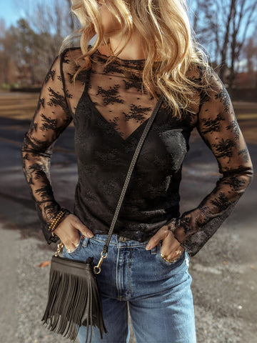 Sheer Floral Lace Long Sleeve Top