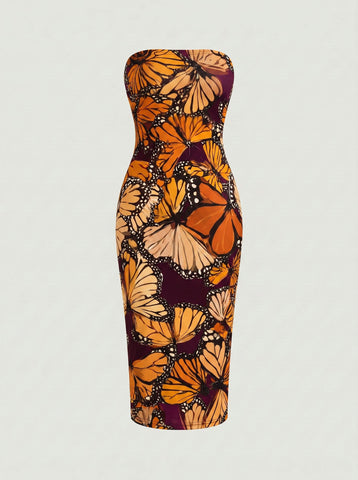 MAIA Floral Print Strapless Sheath Midi Dress