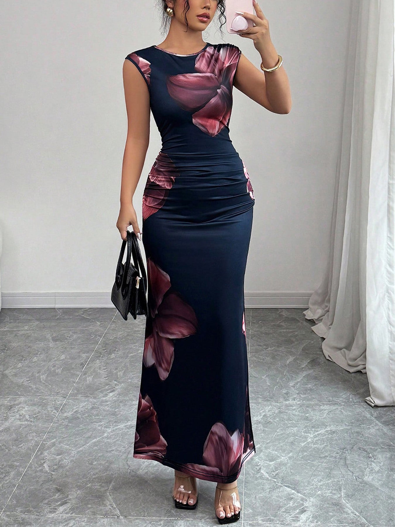 Fitted Floral Sleeveless Wedding Guest Midi Dress-Multicolor