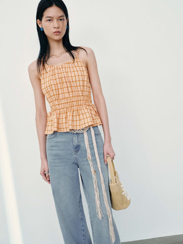 Strappy Check Ruffle Trim Cami Tops