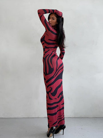 Bodycon Zebra Print Mock Neck Dress