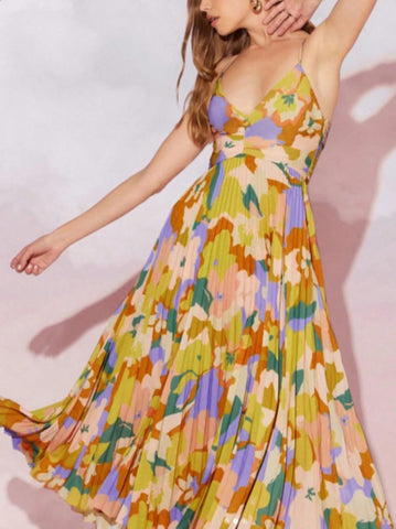 Floral Pleated V Neck Midi Dress