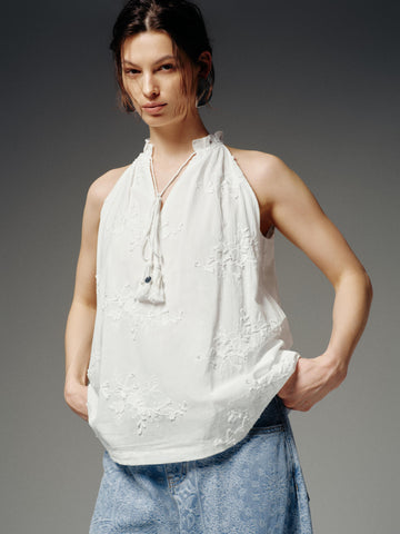 Urban Revivo Floral Embroidered Tie Neck Sleeveless Overhead Shirt