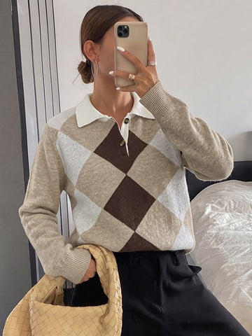 Preppy Argyle Collared Button Up Sweater