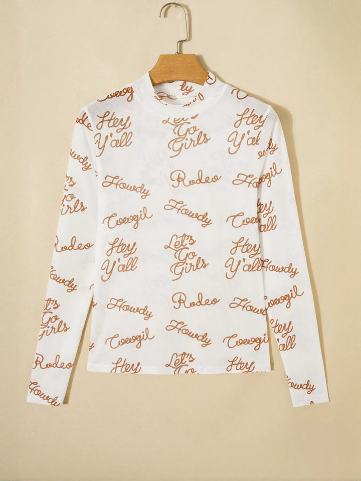 Sheer Graphic Print Mock Neck Top