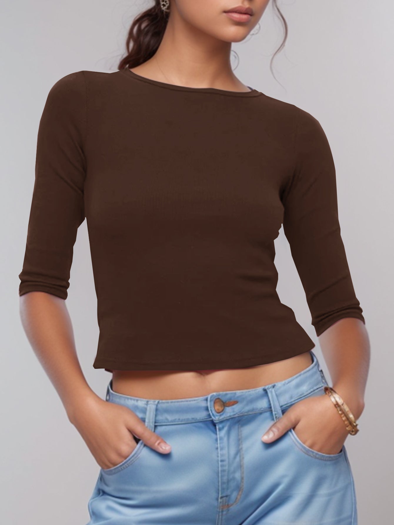 Three-quarter Sleeves Slim Fit Minimalist T-shirt-Black