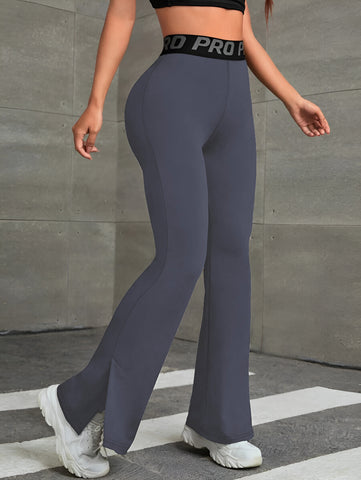 Lettered Waistband Wide-Leg Split-Hem Paneled Yoga Pants-Black
