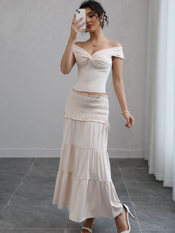 Lace Trim High Waist Skirt Set