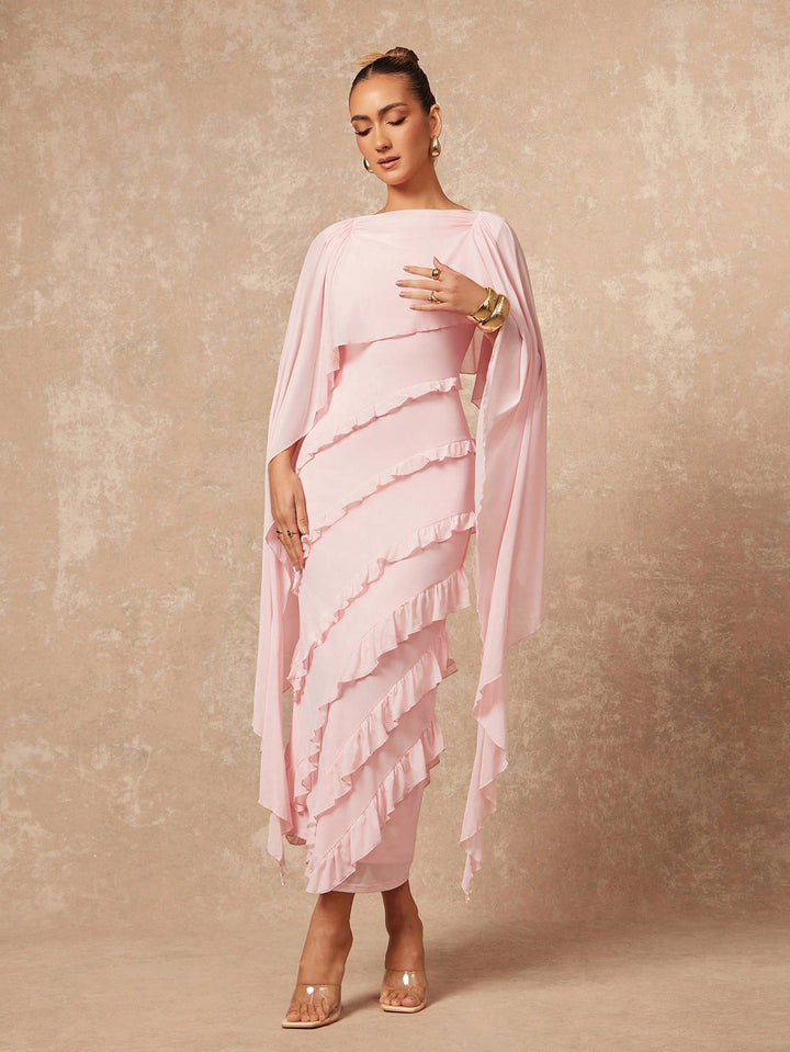 Elegant Ruffled Cape Sleeve Midi Dress
