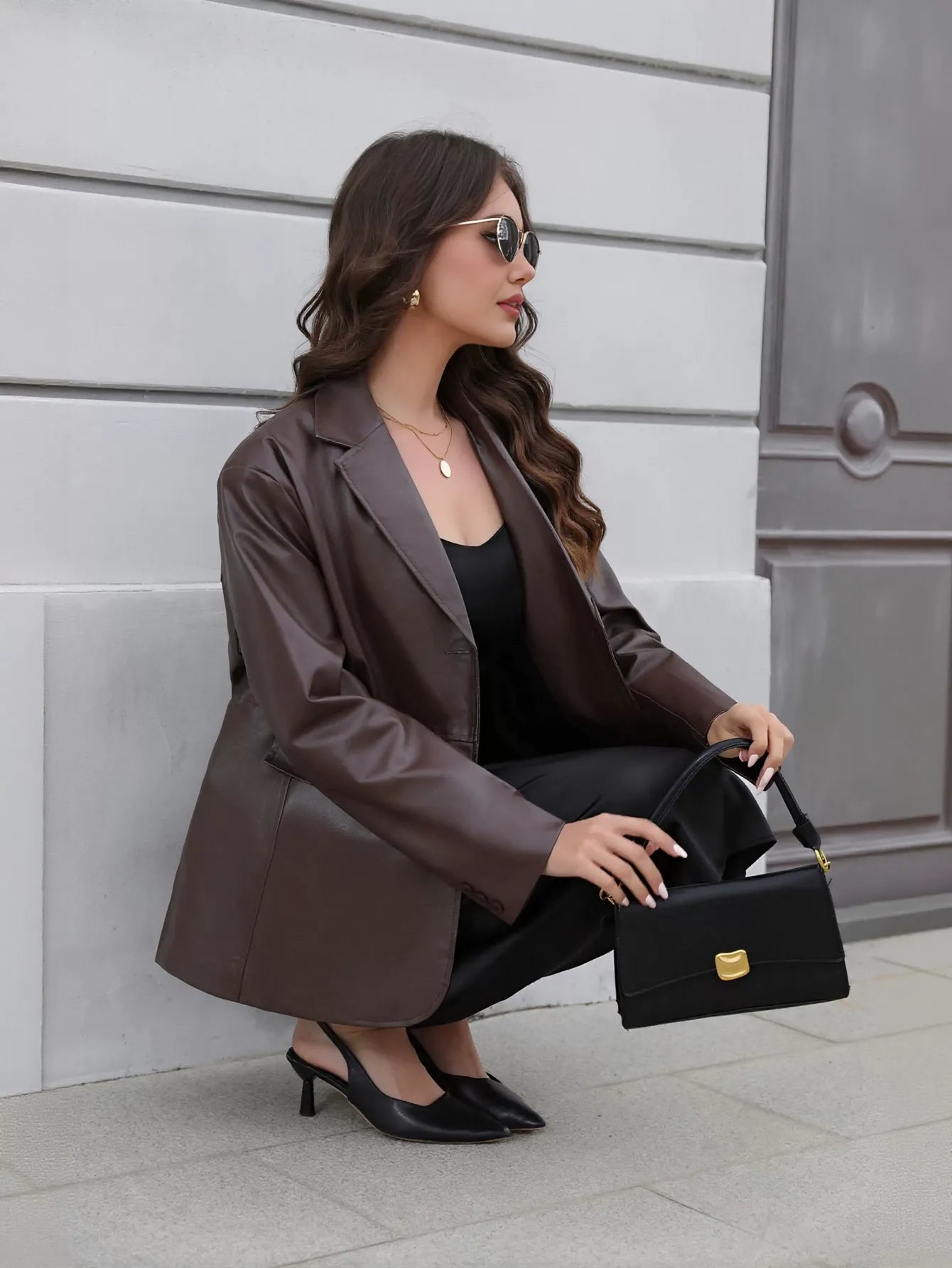 Classic Oversized Brown Faux Leather Blazer