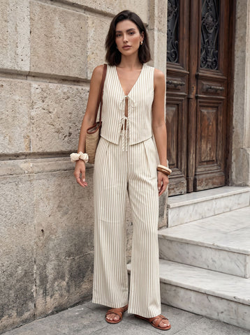 Elegant Striped Tie Front Pant Set