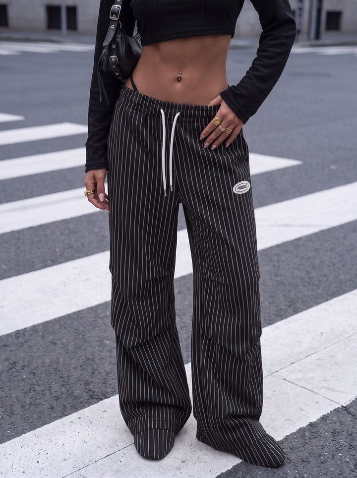 Pinstripe Drawstring Baggy Wide Leg Pants