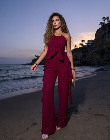 Elegant Ruffled Halter Pant Set