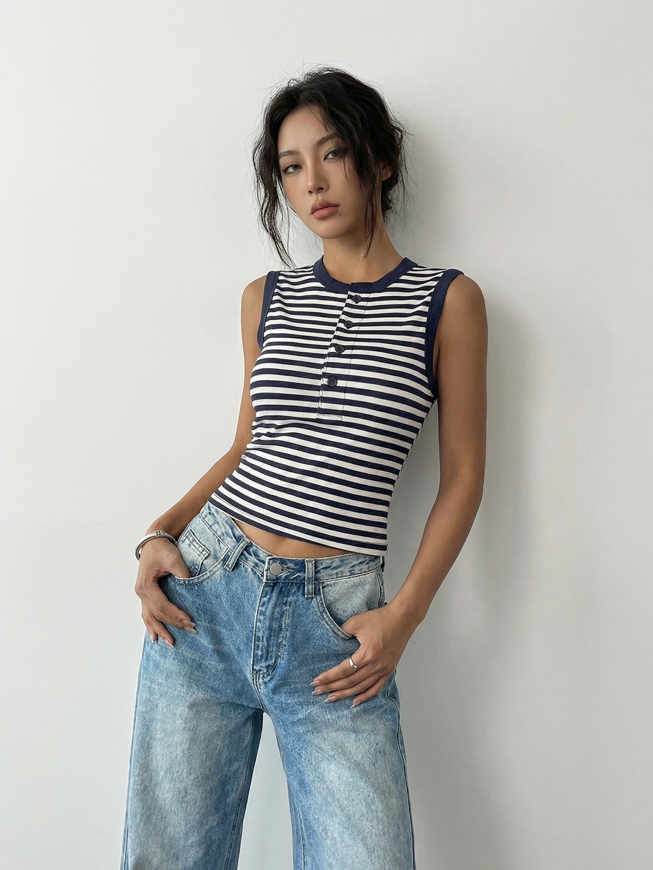 Striped Henley Neck Sleeveless Retro Camisole