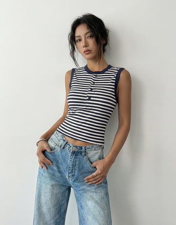 Striped Henley Neck Sleeveless Retro Camisole