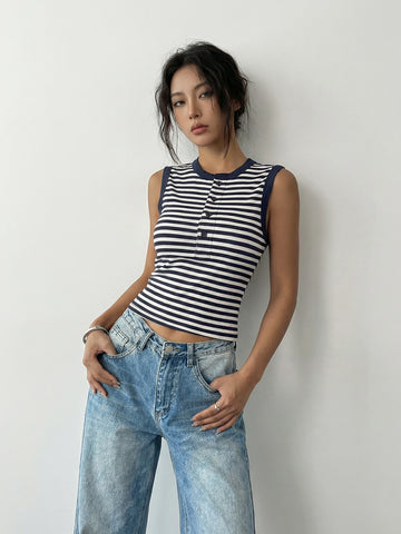 Striped Henley Neck Sleeveless Retro Camisole