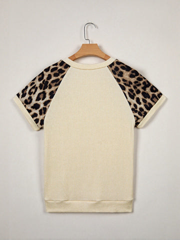 Leopard Print Ribbed Knit T Shirt