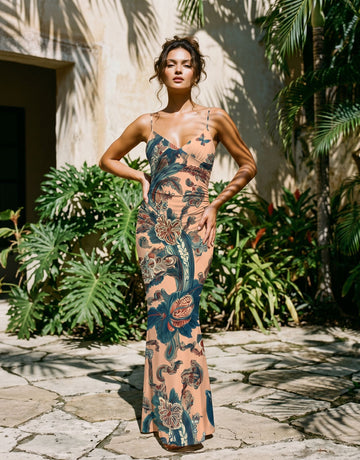 KIRA Floral Print Spaghetti Strap Bodycon Maxi Dress