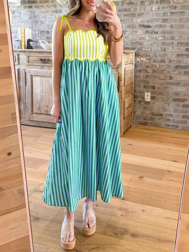 Scalloped Striped Cotton Maxi Dress