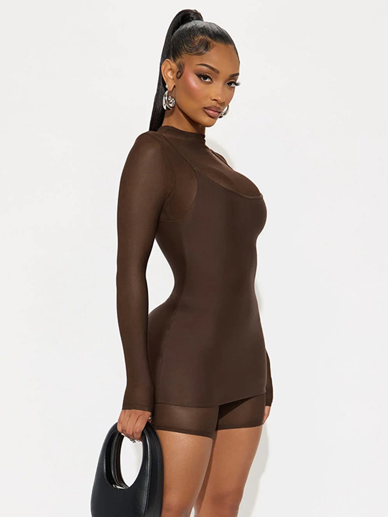 Sheer Sleeve Cropped Top Sexy Shorts Set