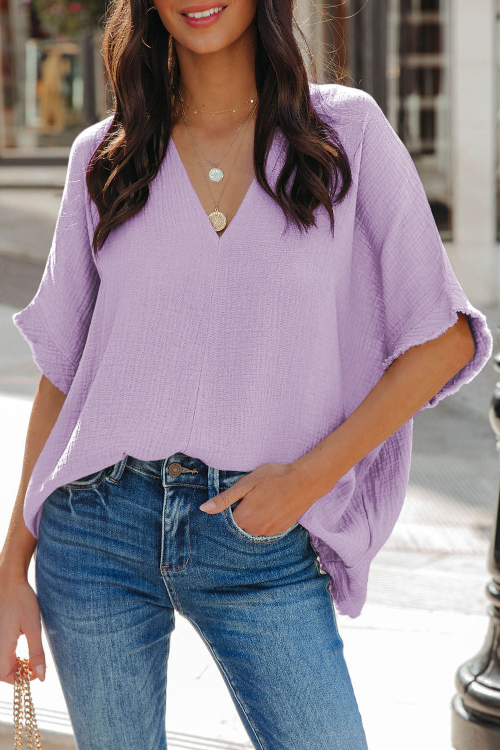 Relaxed V Neck Textured Blouse