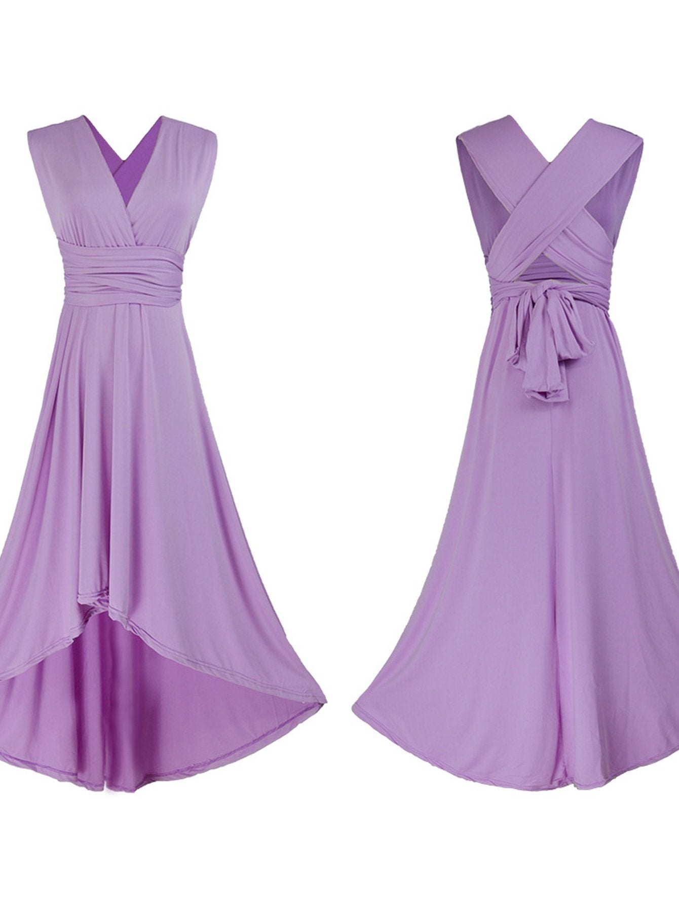 V-Neck Pleated Asymmetric Hem Casual Midi Dress