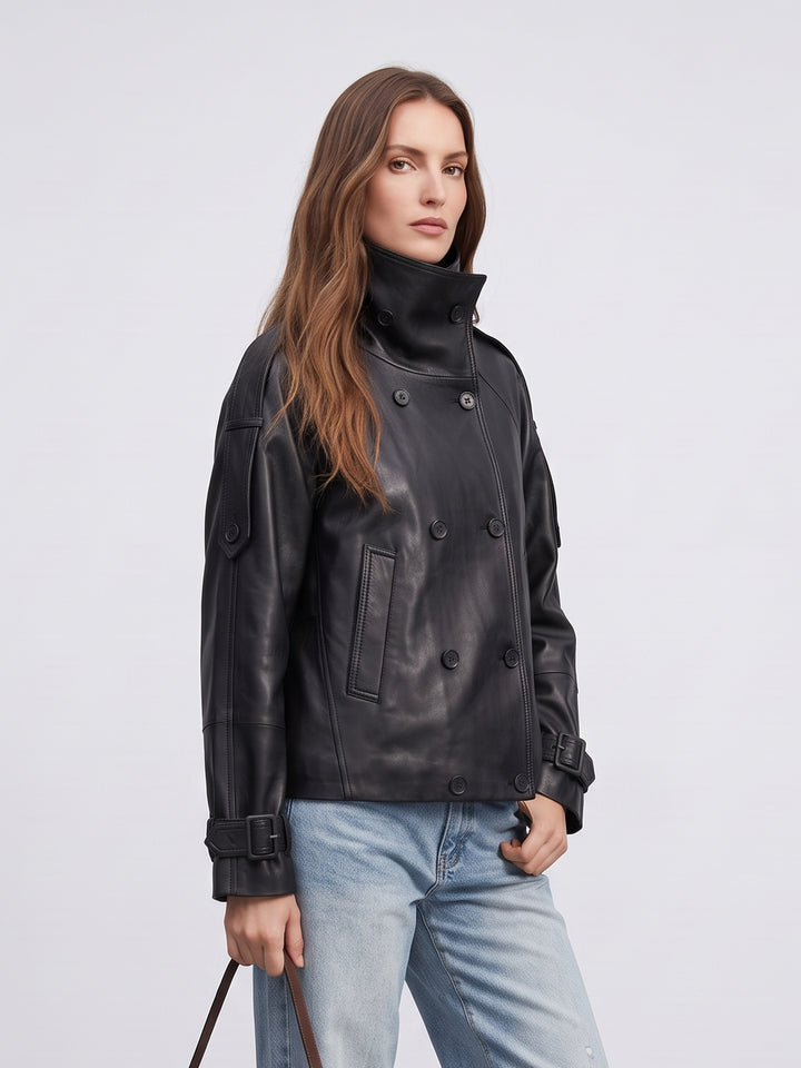 Oversized Double Breasted Leather Jacket