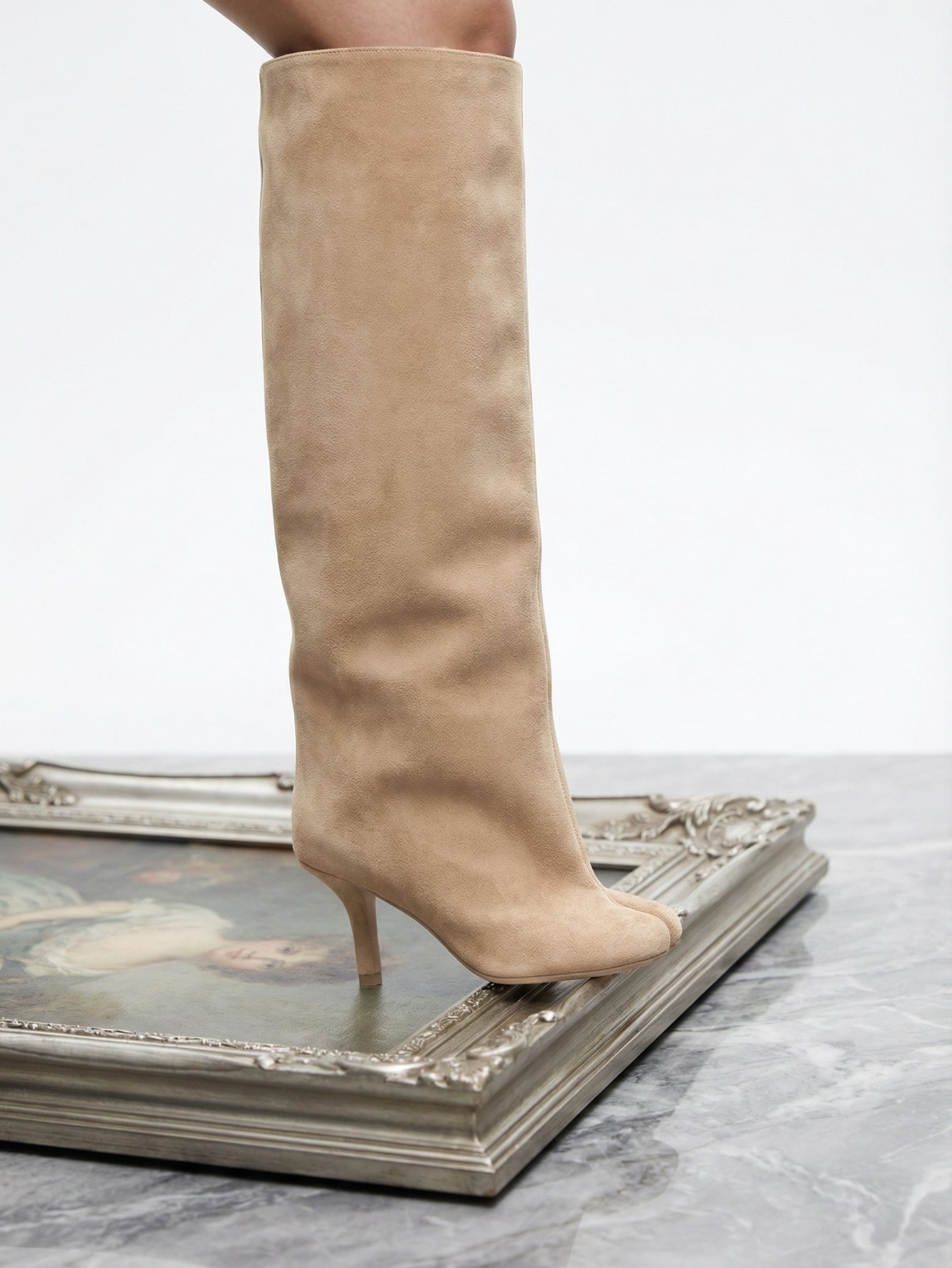 Pointed-Toe Stiletto-Heel Suede Chic Knee-High Boots-Beige