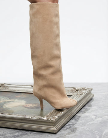 Pointed-Toe Stiletto-Heel Suede Chic Knee-High Boots-Beige