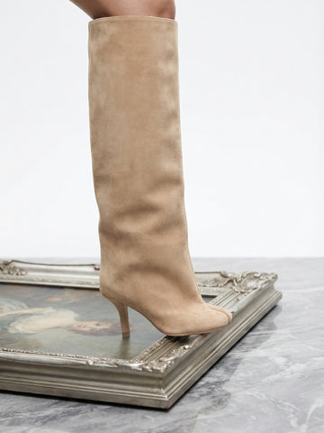 Pointed-Toe Stiletto-Heel Suede Chic Knee-High Boots-Beige