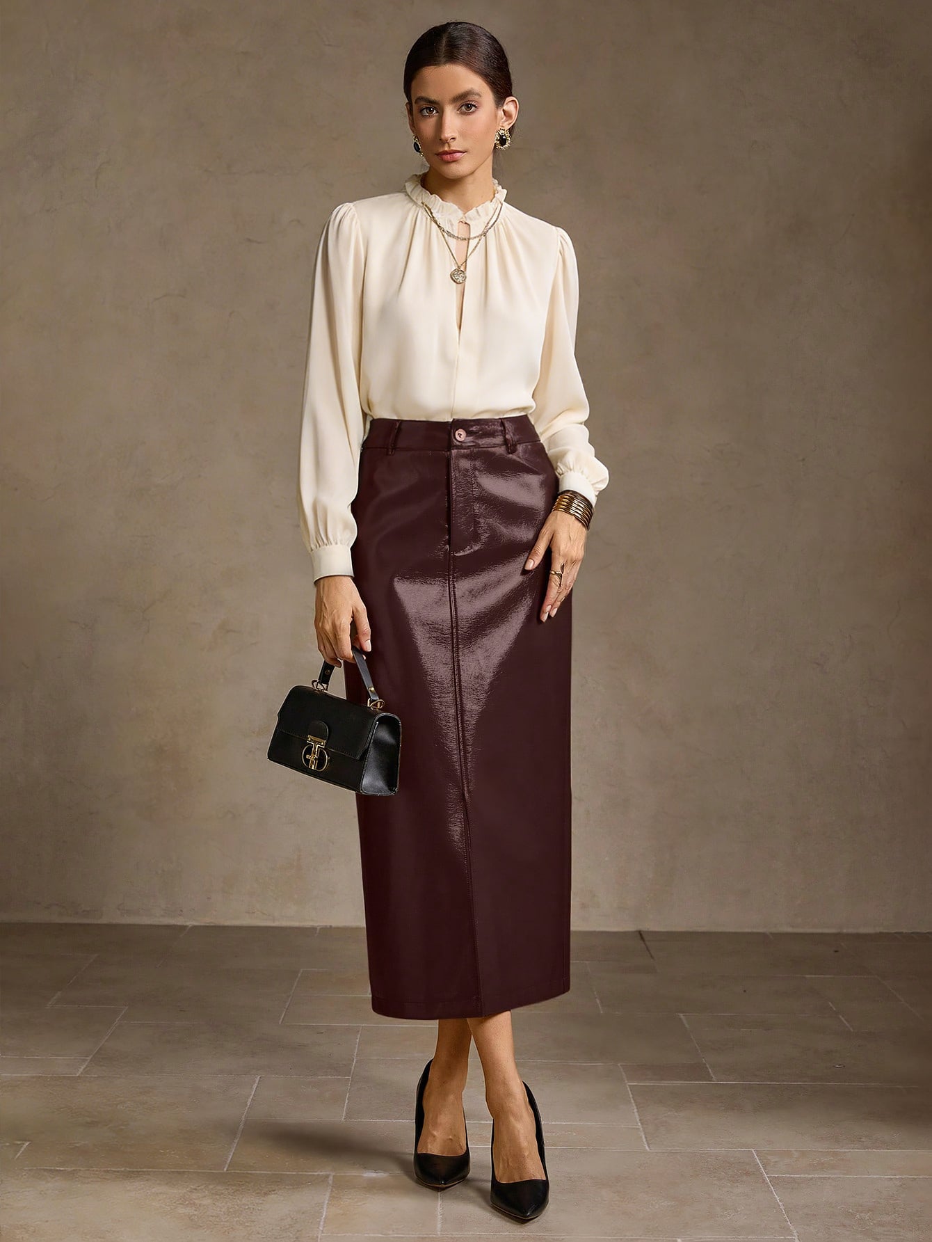 High Waisted Faux Leather Midi Skirt