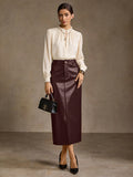 High Waisted Faux Leather Midi Skirt