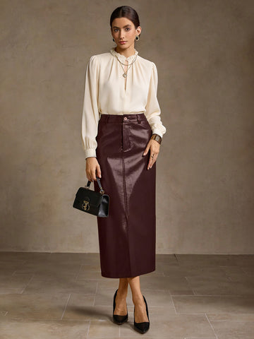 High Waisted Faux Leather Midi Skirt