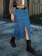 High Slit Cargo Denim Skirt