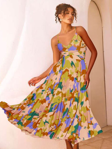 Floral Pleated V Neck Midi Dress