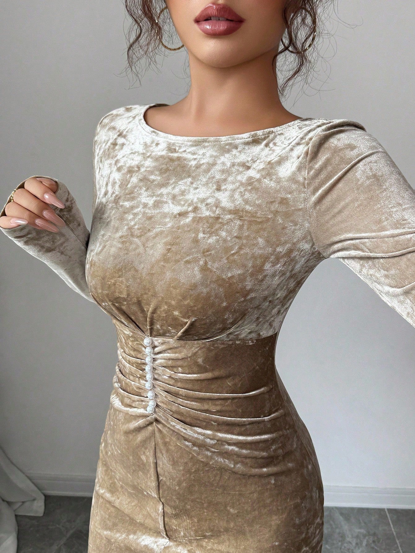 Ruched Velvet Long Sleeve Maxi Dress