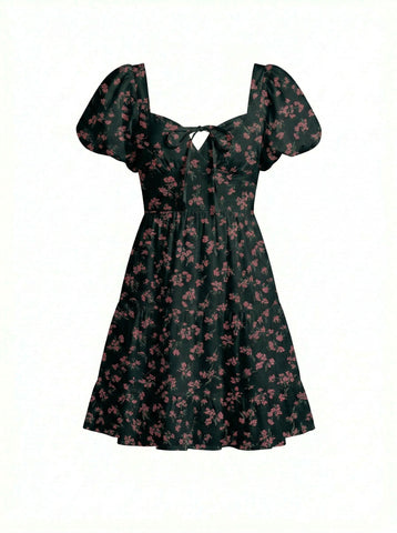 AYLA Floral Print Puff Sleeve Tiered Mini Dress