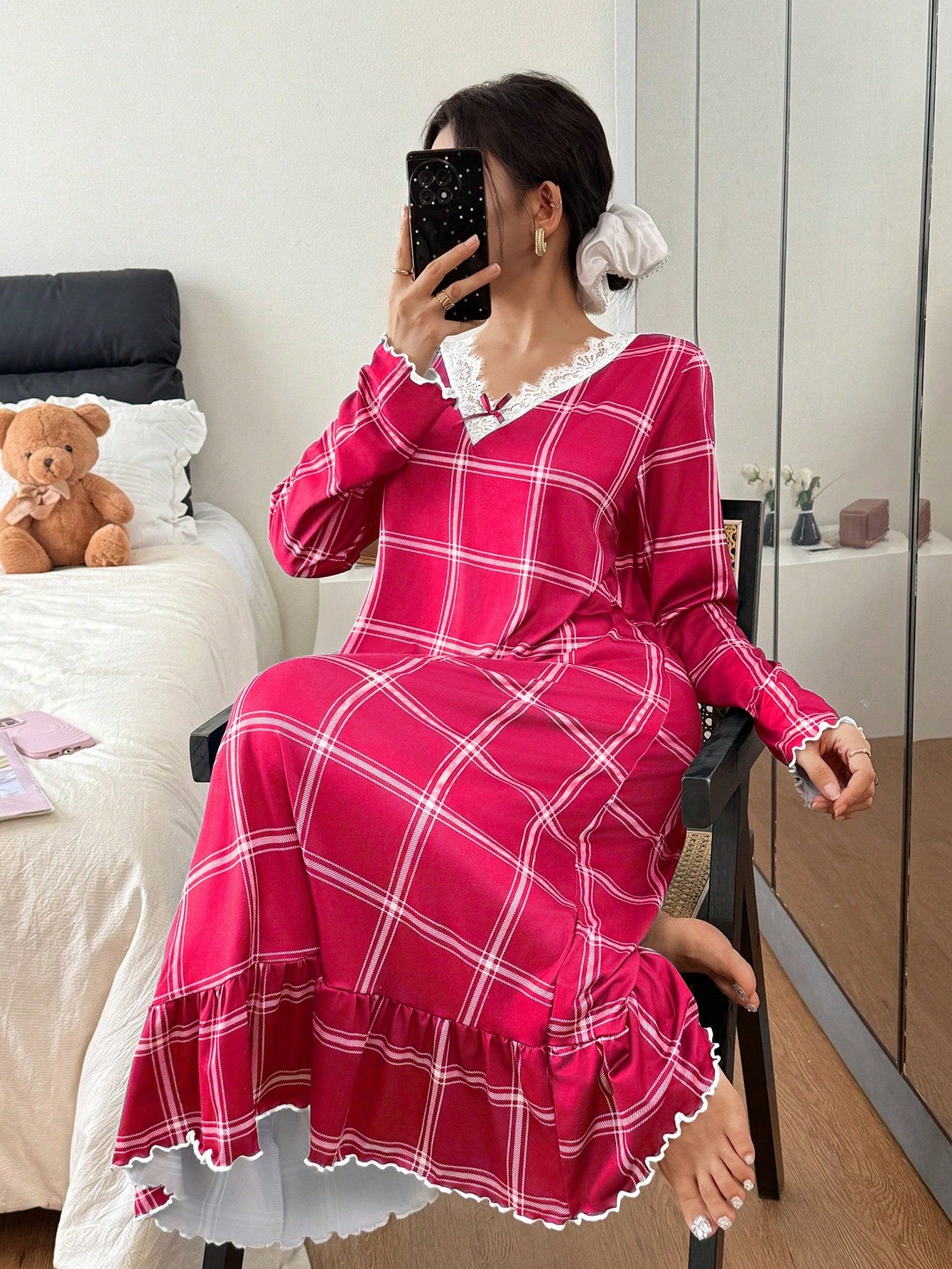 Cozy Plaid Lace Trim Nightgown