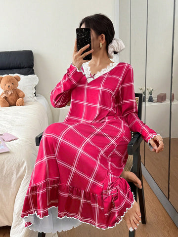Cozy Plaid Lace Trim Nightgown